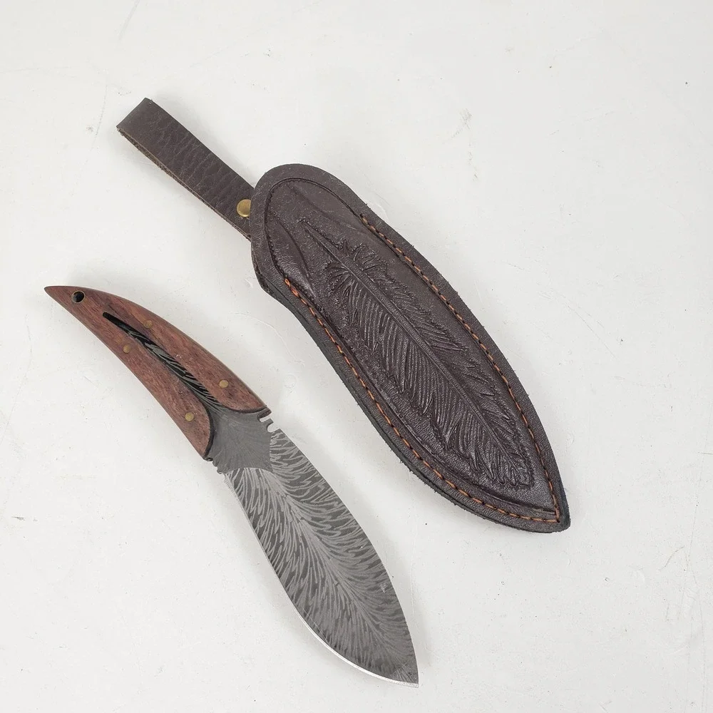 Custom Damascus Steel Feather Blade Hunting Knife Wood Handle Leather Sheath 8in